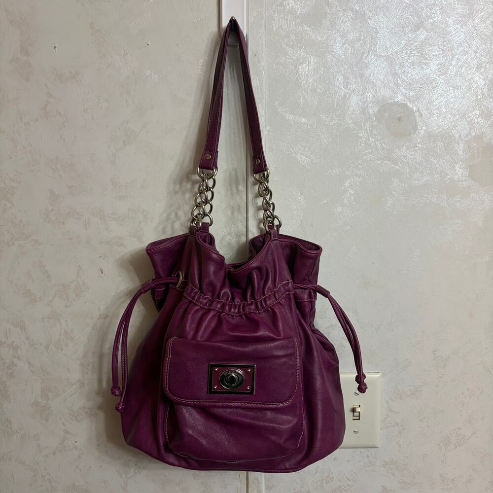 Treviso Purple Faux-Leather Drawstring Shoulder Bag Cinch Purse Chain
